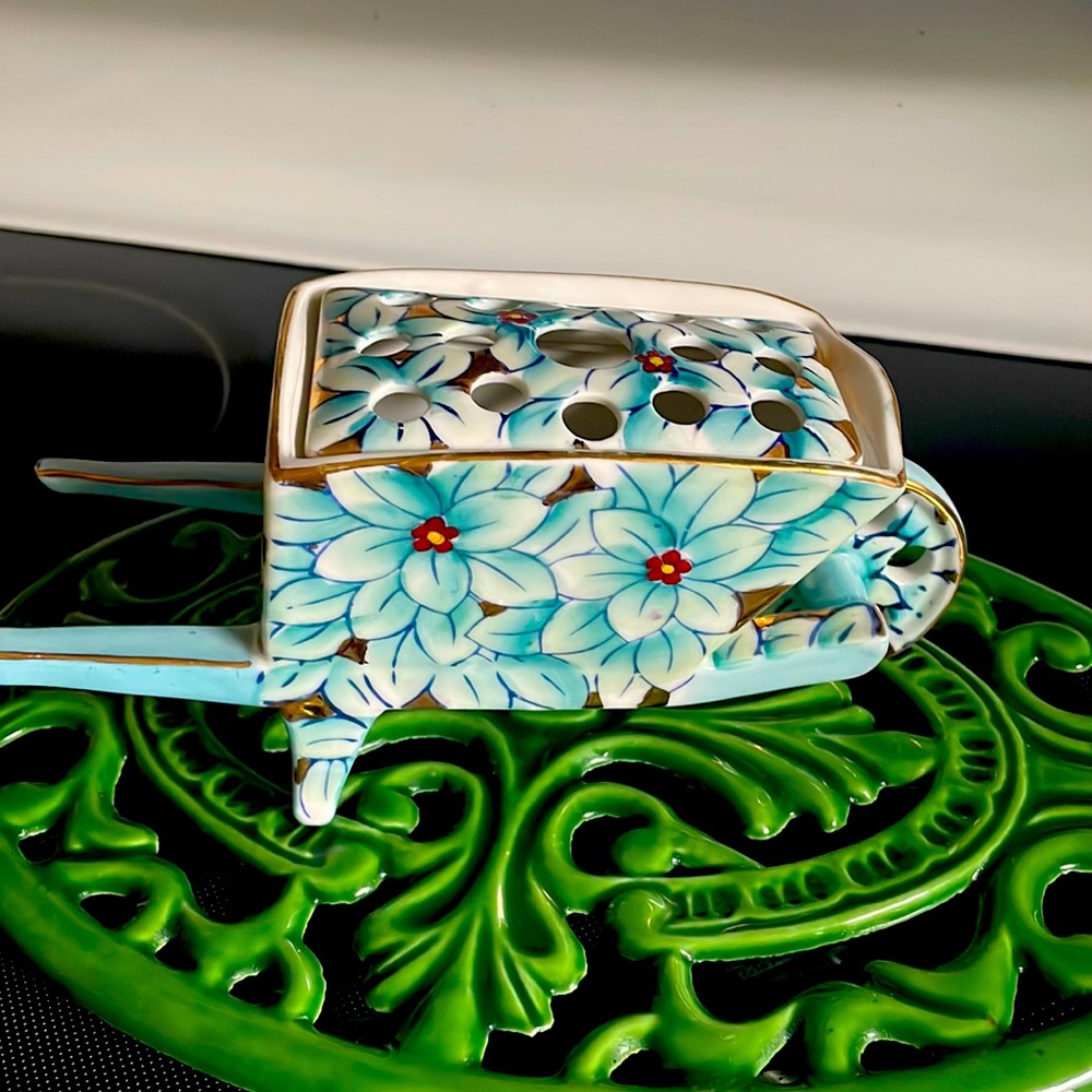 Vintage Shofu China Flower Frog in the Shape of a Wheel Barrel